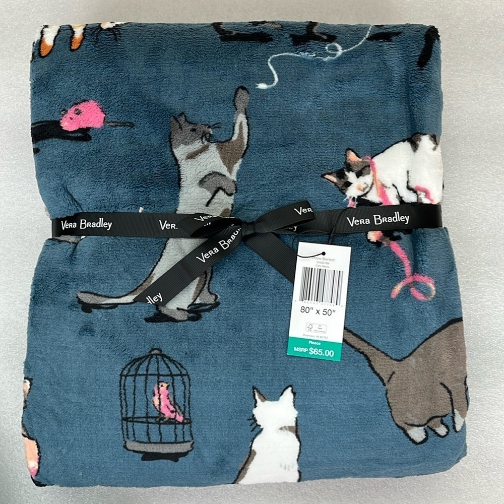 🆕 Vera Bradley Cat’s Meow Plush Cozy Fleece Throw Blanket 80” x 50” Blue